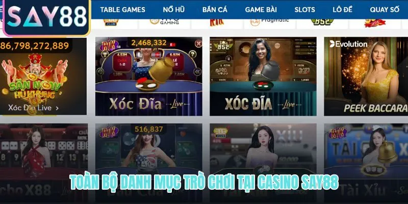 Danh mục casino SAY88 đa dạng từ game bài đến live dealer